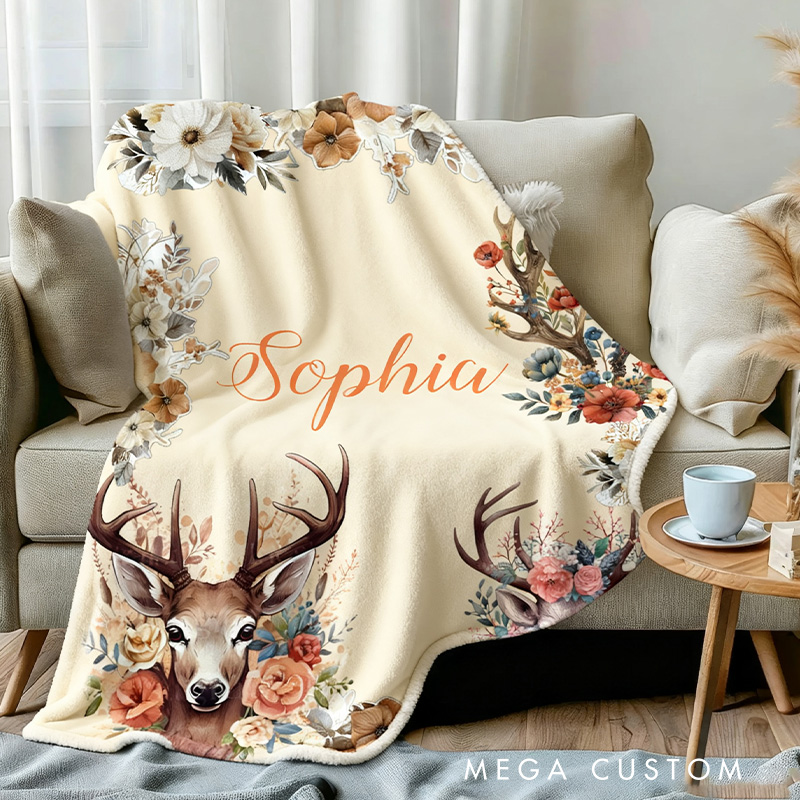Personalized Floral Deer Blanket nature Hunting lover  Blanket Gift for Kid Outdoor Hunting Enthusiasts