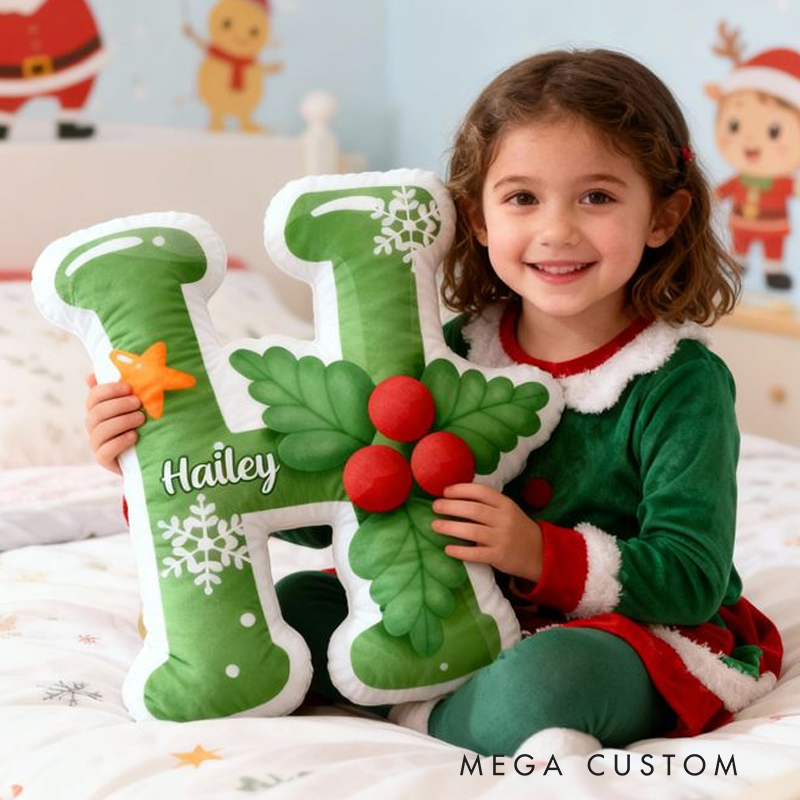 Personalized Merry Christmas Themed Green Initial Pillow For Kids Bedroom Graphic 3D Print Pillow