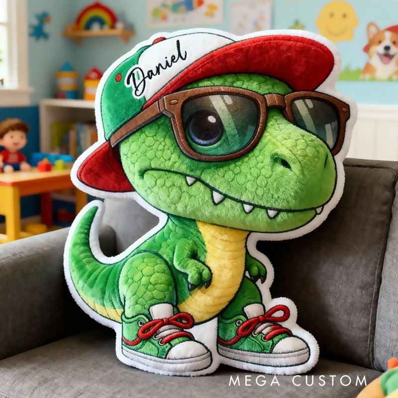 Personalized Green T Rex Wearing Red Sneakers And Hat For Boys Bedroom Graphic 3D Print Pillow