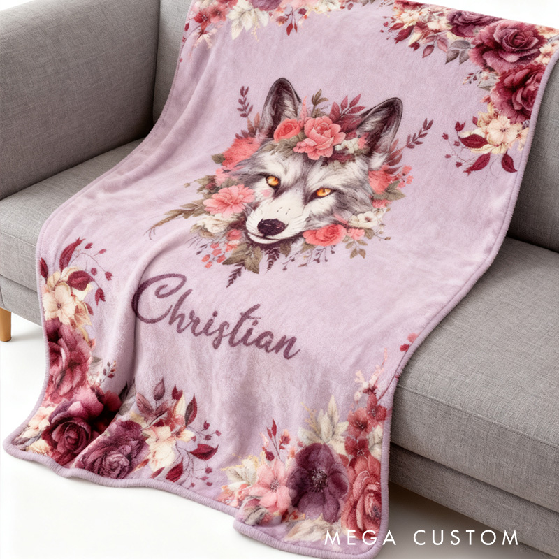 Personalized Floral Wolf Blanket Outdoor Wildlife Enthusiast Blanket Gift for Outdoor Hunting Enthusiasts
