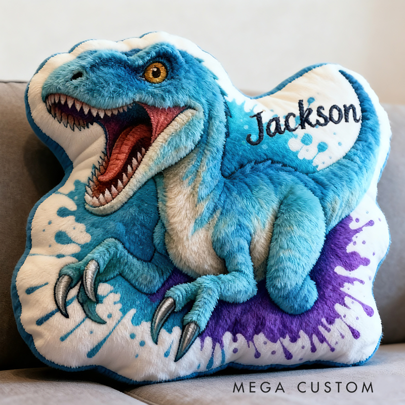 Personalized Blue Raptor Dinosaur Roaring With Splatter Art Kids Room Graphic 3D Print Pillow