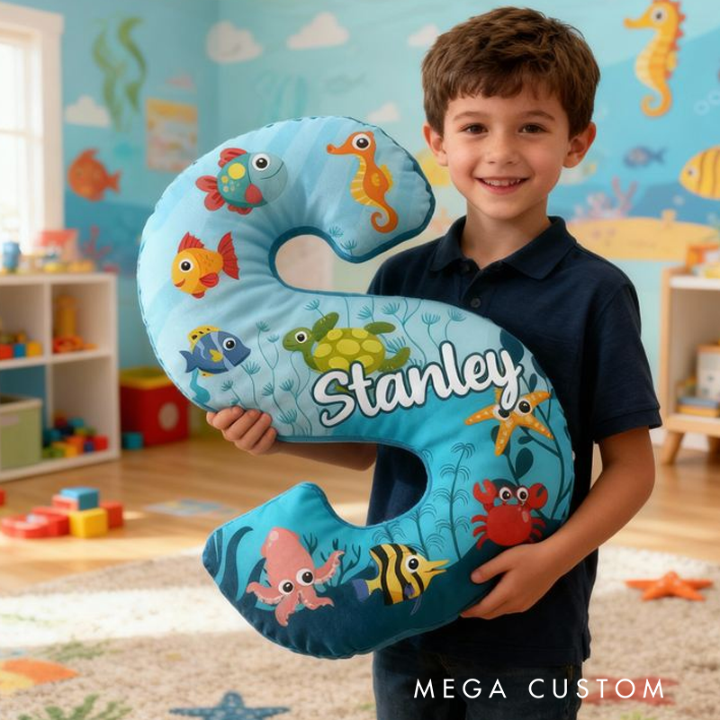 Personalized Ocean Letter Cushion With Colorful Fish And Sea Animals Graphic 3D Print Pillow