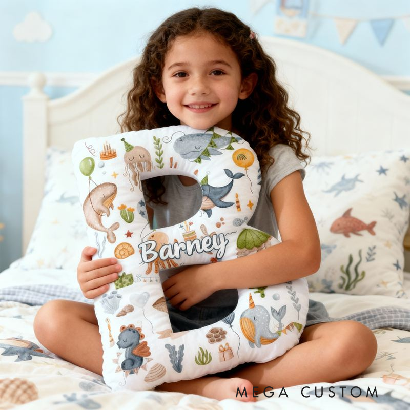 Personalized Ocean Letter Cushion With Whales Turtles And Sea Creatures Graphic 3D Print Pillow