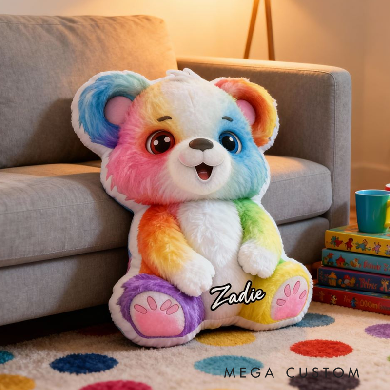 Personalized Cute Cartoon Rainbow Bear with Name Graphic 3D Print Pillow Christmas Gift for Kids or Baby Birthday Gift