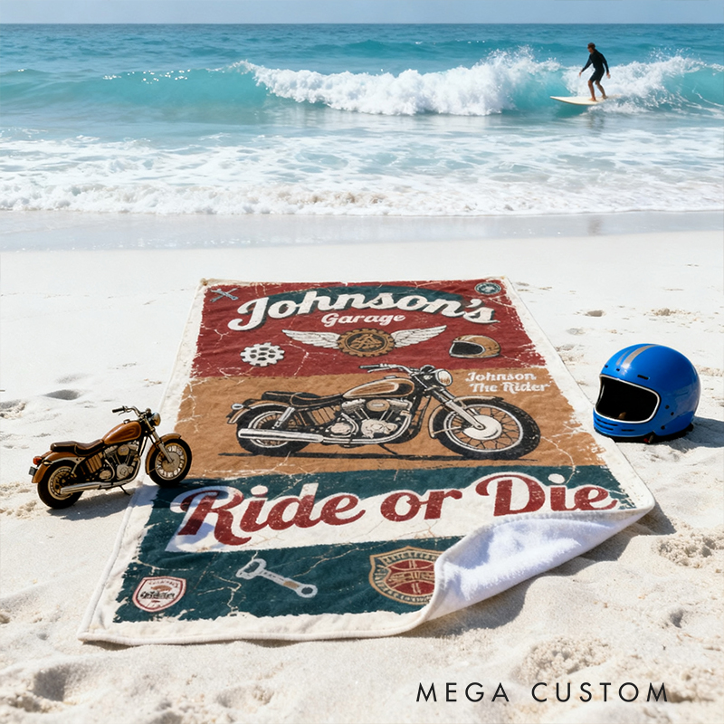 Personalized Vintage Motorcycle Garage Beach Towel Custom Name and Text Retro Biker Style Two Designs Available