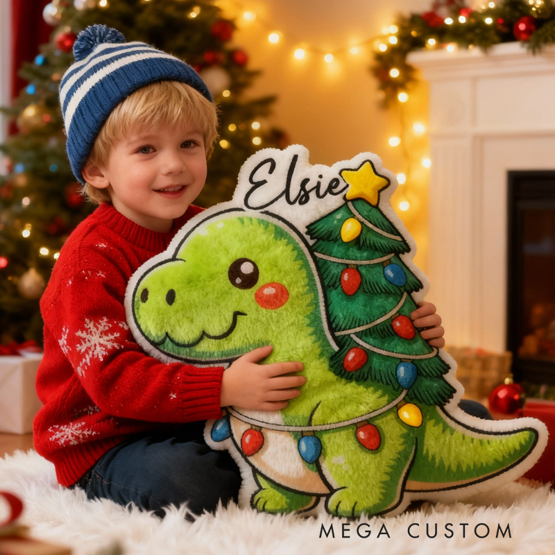 Personalized Christmas Dinosaur Cushion With Tree Lights Holiday Decor Graphic 3D Print Pillow