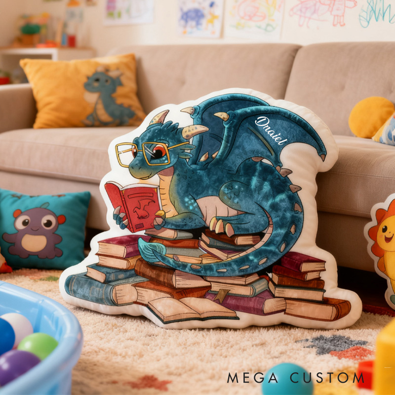 Personalized Reading Dragon Throw Pillow Graphic 3D Print Glasses Dragon Pillow with Name Book Pillow for Kids Boys Girls Book Lover Christmas Gift