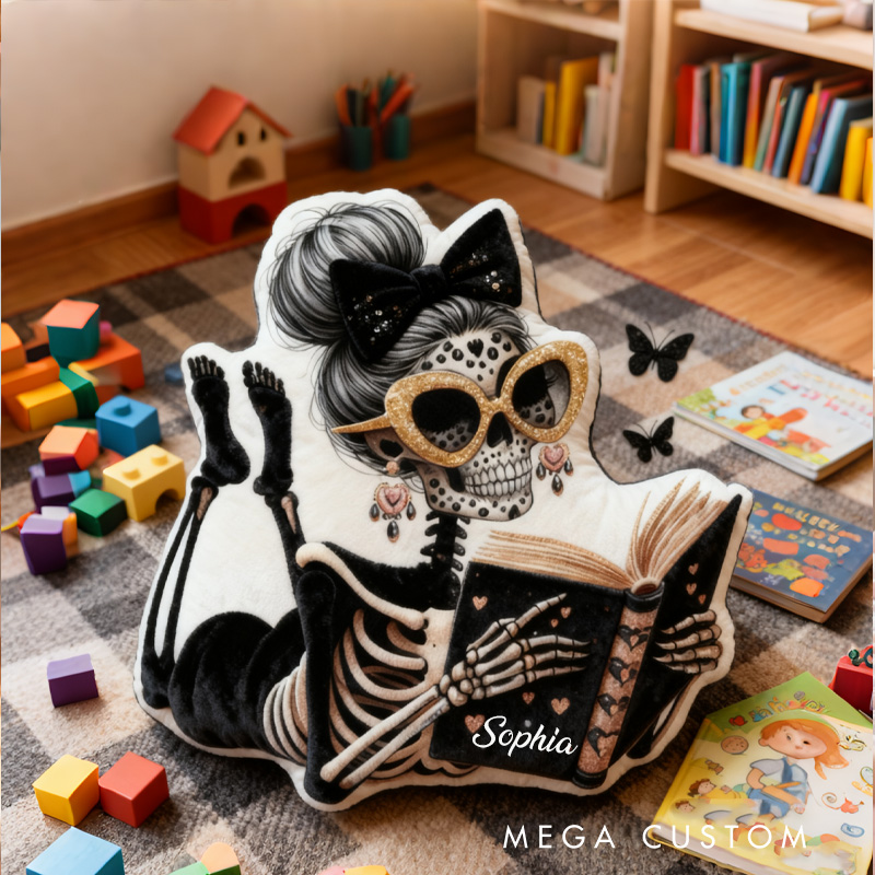 Personalized Reading Skeleton Throw Pillow Graphic 3D Print Fantasy Book Pillow with Name Book Pillow for Book Lover Christmas Gift