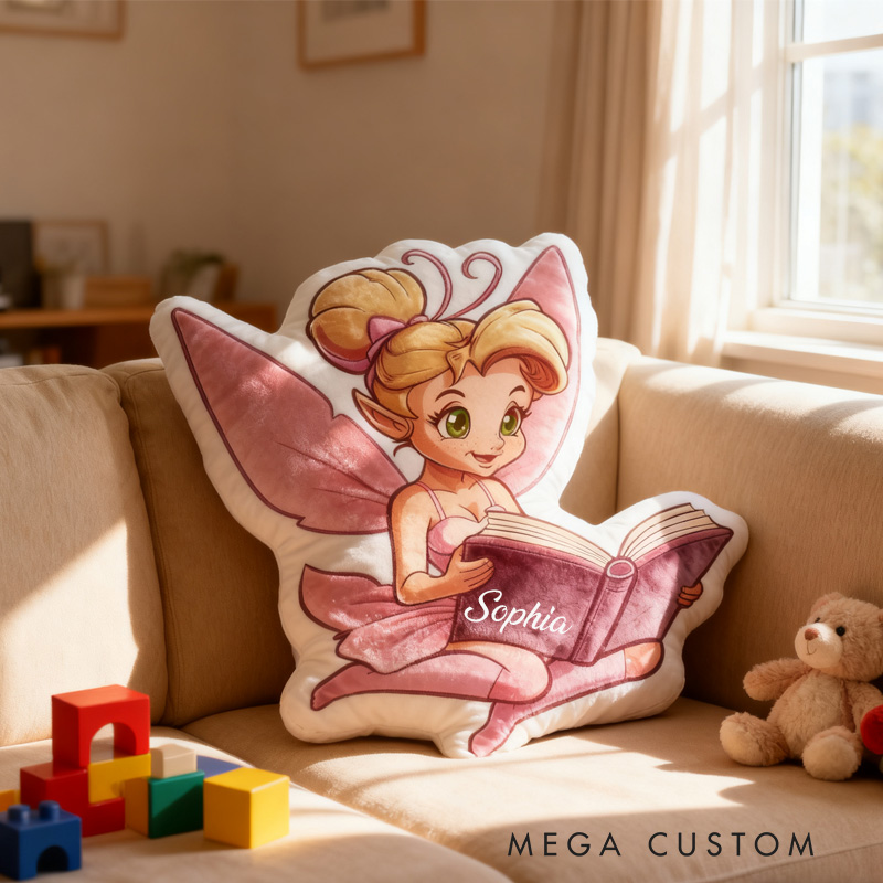 Personalized Bookish Fairy Princess Throw Pillow Graphic 3D Print Reading Fairy Pillow with Name Book Pillow for Kids Boys Girl Book Lover Christmas Gift