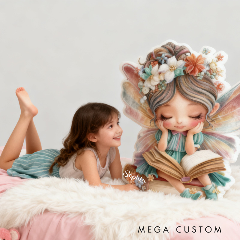 Personalized Fairy Reading Throw Pillow Graphic 3D Print Cute Fairy Pillow with Name Book Pillow for Kids Boys Girl Book Lover Christmas Gift