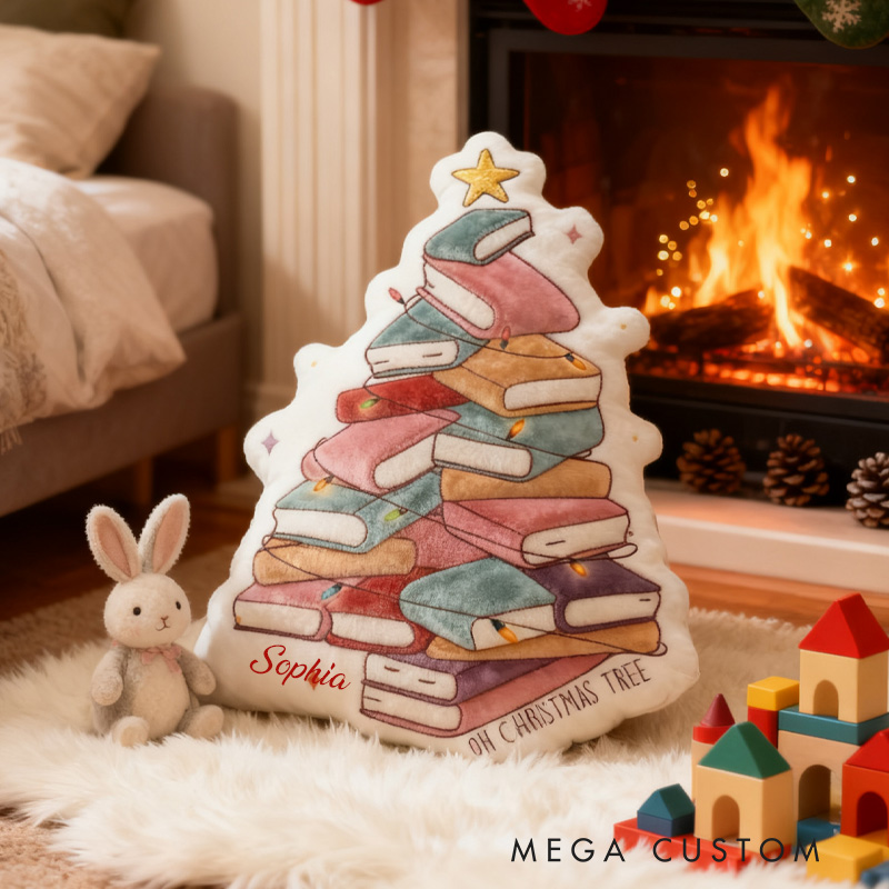 Personalized Book Christmas Tree Throw Pillow Graphic 3D Print Bookish Pillow with Name for Kids Boys Girl Book Lover Christmas Gift