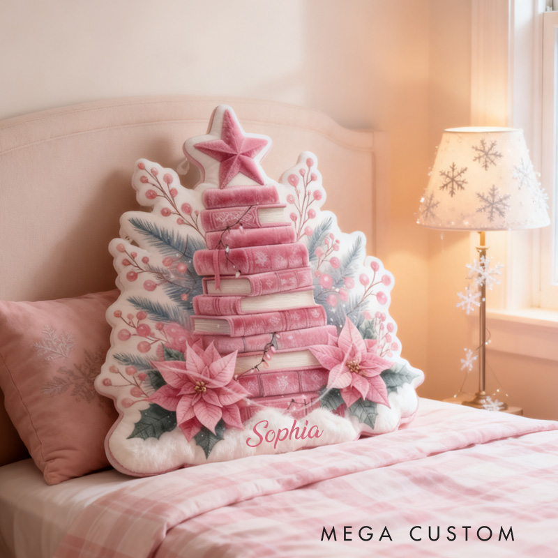 Personalized Christmas Book Tree Throw Pillow Graphic 3D Print Bookish Pillow with Name for Kids Boys Girl Book Lover Christmas Gift