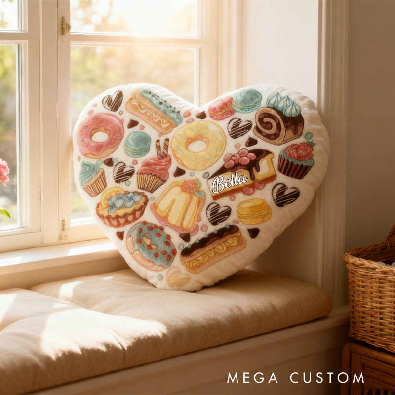 Personalized Dessert Heart Throw Pillow with Name Graphic 3D Print Donut Bread Pillow for Kids Girl Baker Christmas Gifts Loving Room Decor