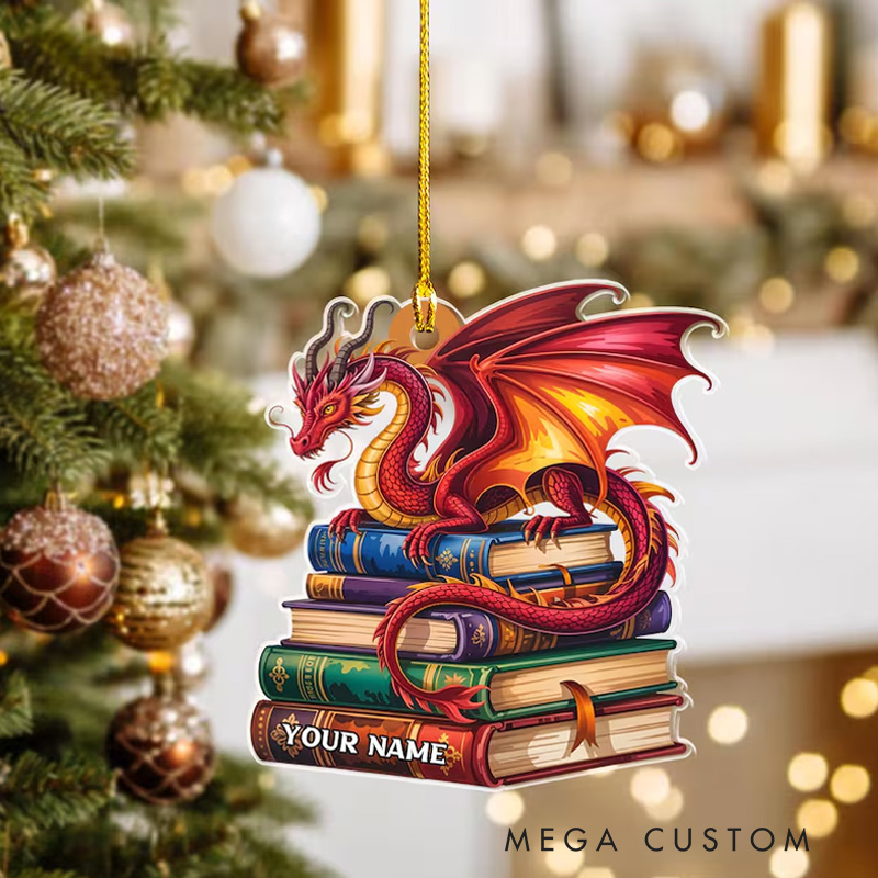 Personalized 2D FLAT Custom Name Book Dragon Ornament Dragon Christmas Gift For Book Lovers