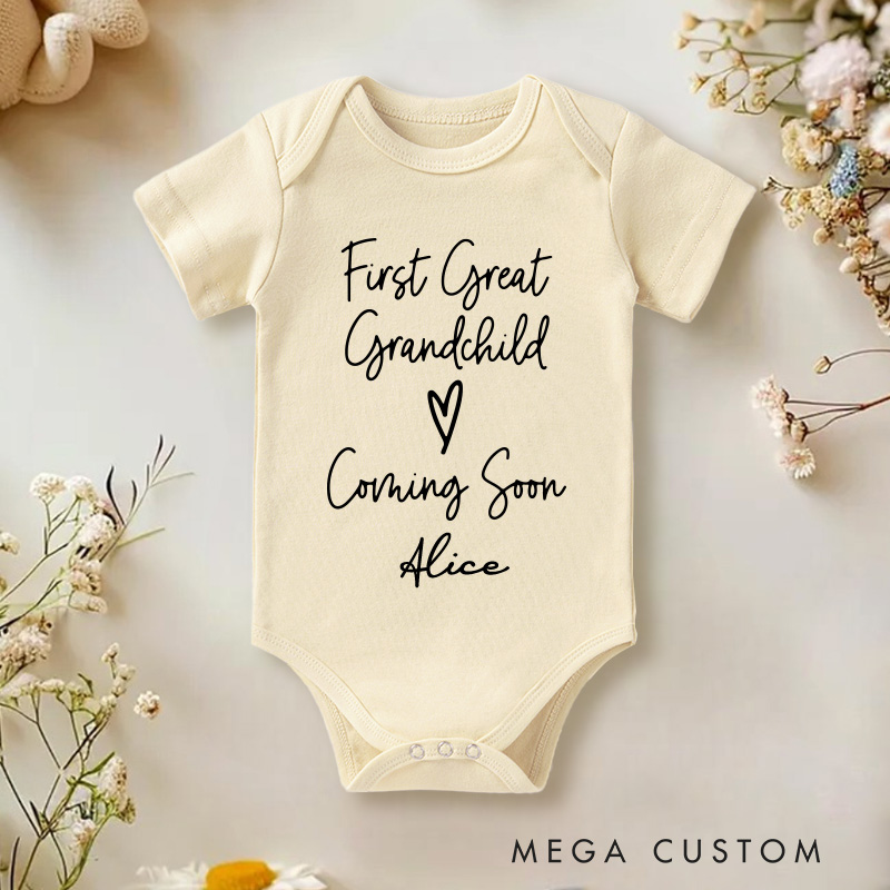 Personalized First Great Grandchild Announcement Baby Onesie Pregnancy Reveal Gift
