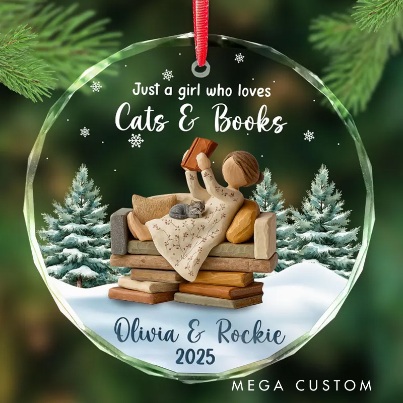 Personalized Cat and Book Lovers Ornament Custom Girl Reading Ornament with Cat Reading Christmas Ornament Bookworm Gift for Readers