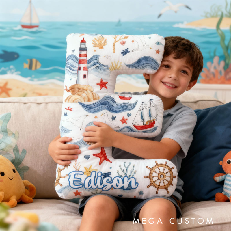 Personalized Letter-Shaped Pillow Lighthouse Sailboat Design Perfect Gift for Children