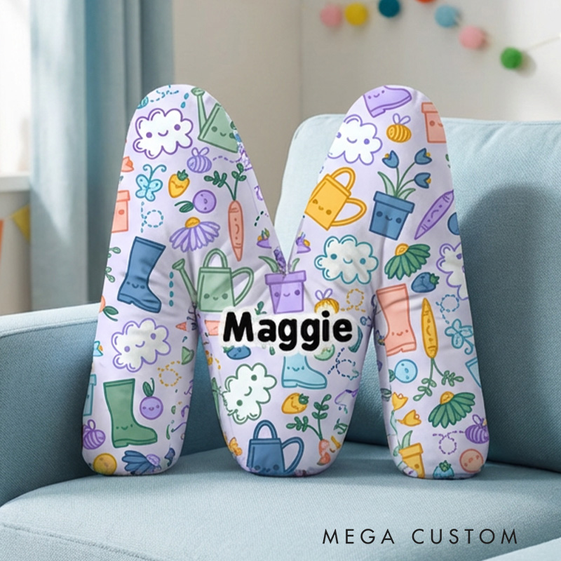 Personalized Initial Pillow Cloud Flower Pot Pattern Pillow Custom Name Pillow for Girls Gardening Lovers Gift 