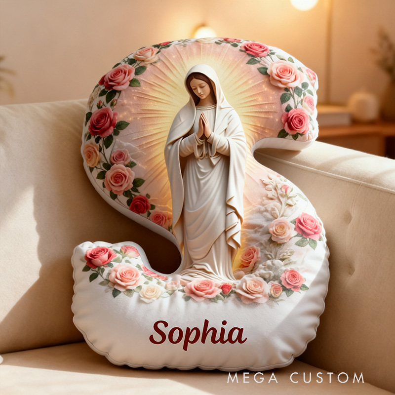 Personalized Blessed Virgin Mary Heavenly Letter Pillow with Custom Name Catholic Home Decor Our Lady Confirmation Mom Family Gift Graphic 3D Print