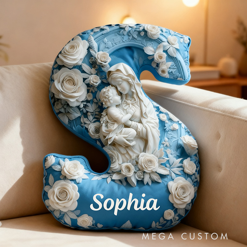 Personalized Madonna and Child White Roses Relief Style Letter Pillow with Name Graphic 3D Print Catholic Home Decor Our Blessed Virgin Mary Gift