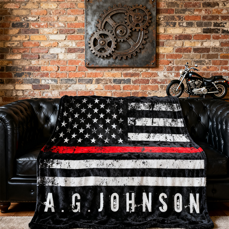 Personalized Police Style Distressed American Flag Custom Name Fleece Blanket Choose Color Thin Blue or Red Line Design Gifts