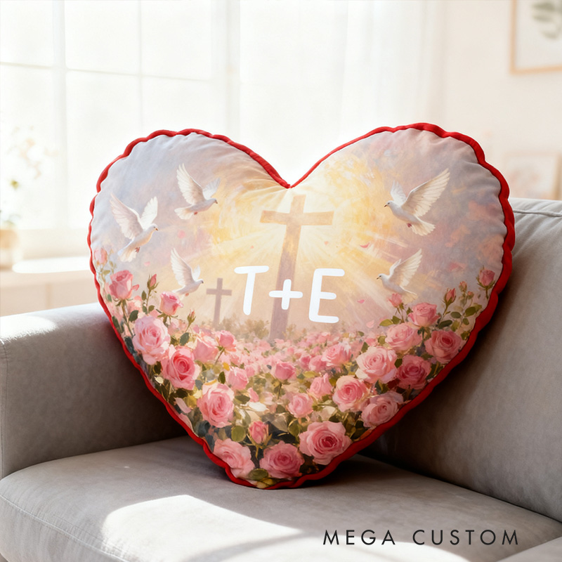 Personalized Cross and white Doves Valentine's Heart Pillow with Custom Name Home Decor Religious Faith Gift for Couple Valentine's Day Gift