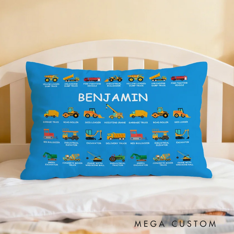 Personalized Construction Truck Excavator Bulldozer Throw Pillow Cover with Name Home Decor Christmas Birthday Gift for Boys Truck Lovers