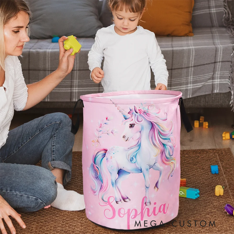 Personalized Dream Horse Name Large Toy Laundry Basket with Handle Waterproof Nursery Decoration Housewarming Gift for Kids