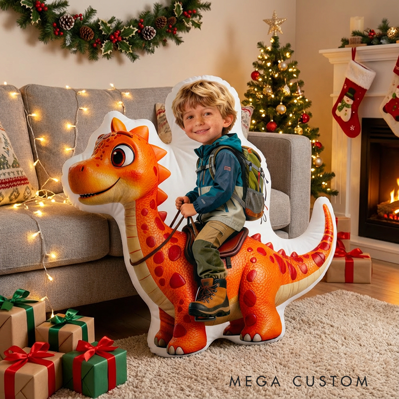 Personalized Face Portrait Pillow with Dinosaur Pattern with Name Graphic 3D Print Pillow Christmas Gift for Kids or Baby Birthday Gift