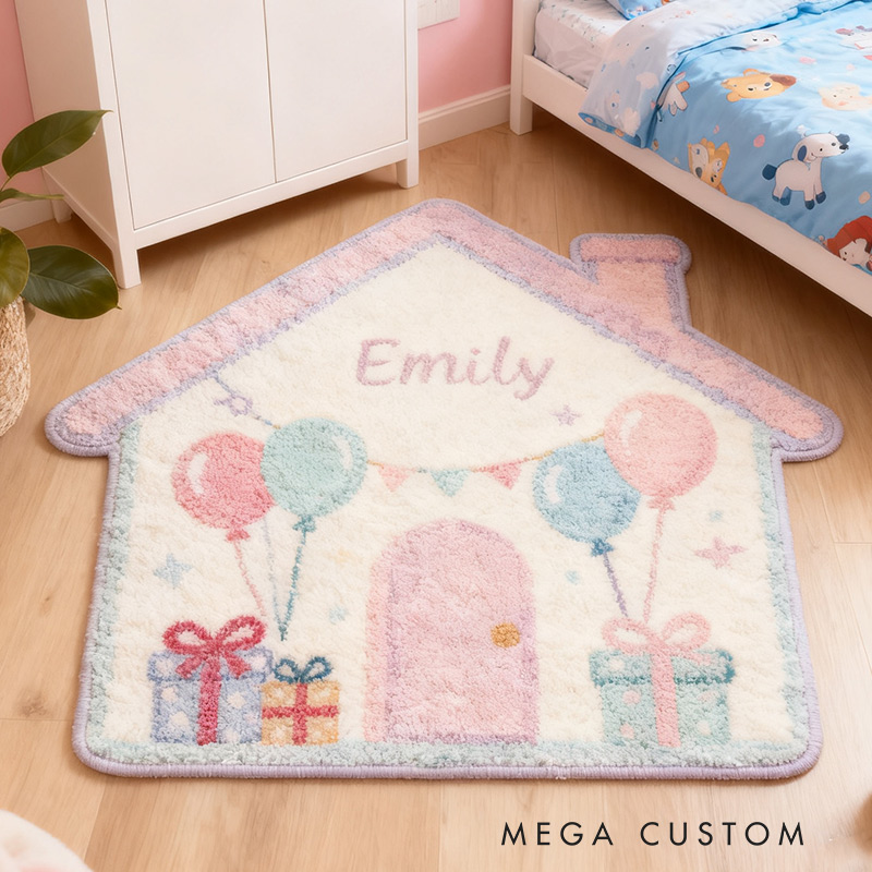 Personalized Rug for Kids Room House-Shaped Soft Plush Carpet Custom Name Floor Mat New Home Gifts