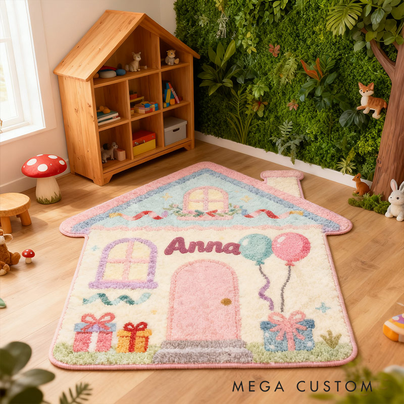 Personalized Rug for Kids Room House-Shaped Soft Plush Carpet Custom Name Floor Mat New Home Gifts