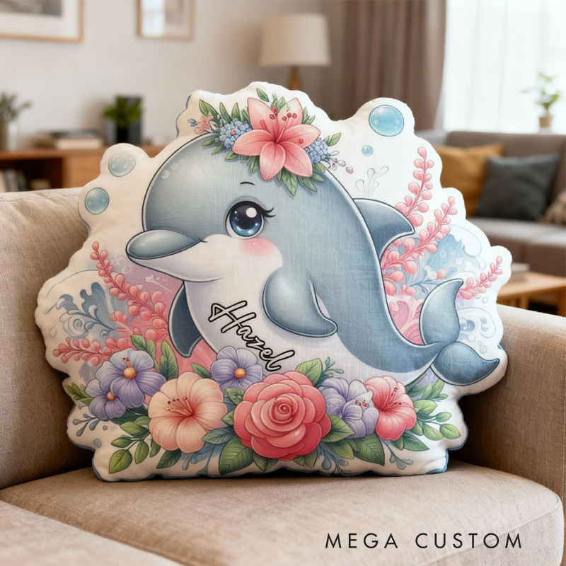 Personalized Cartoon Dolphin Print with Name Graphic 3D Print Pillow Christmas Gift for Kids or Baby Birthday Gift