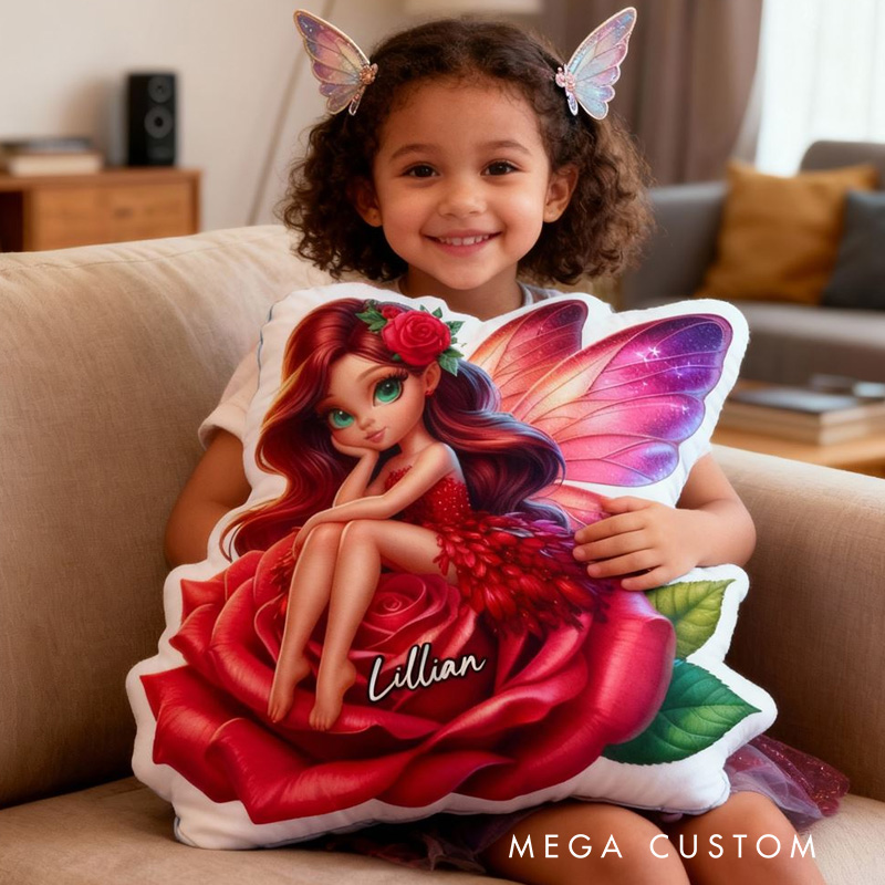Personalized Beautiful Fairy Cushion Sitting On Red Rose For Girls Room Graphic 3D Print Pillow