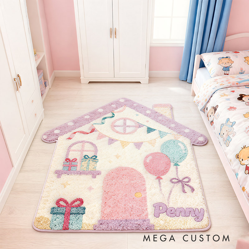 Personalized Rug for Kids Room House-Shaped Soft Plush Carpet Custom Name Floor Mat New Home Gifts