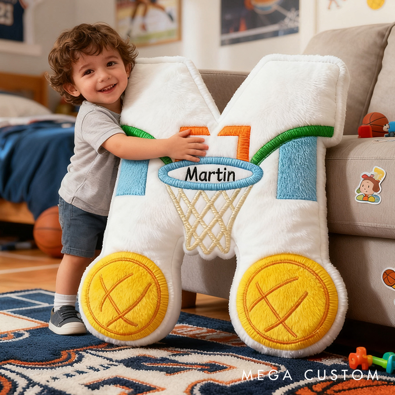 Personalized Sports Themed Letter Pillow with Custom Name and Hoop Design for Kids