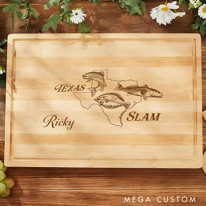 Personalized Bamboo Cutting Board Texas Slam Fishing Design Custom Name Redfish Trout and Flounder Perfect Gift for Anglers and Outdoor Lovers