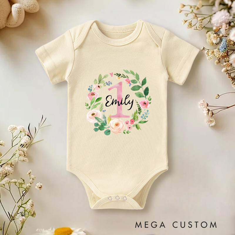 Personalized First Birthday Baby Onesie with Your Name Floral Birthday Gift Newborn Gift