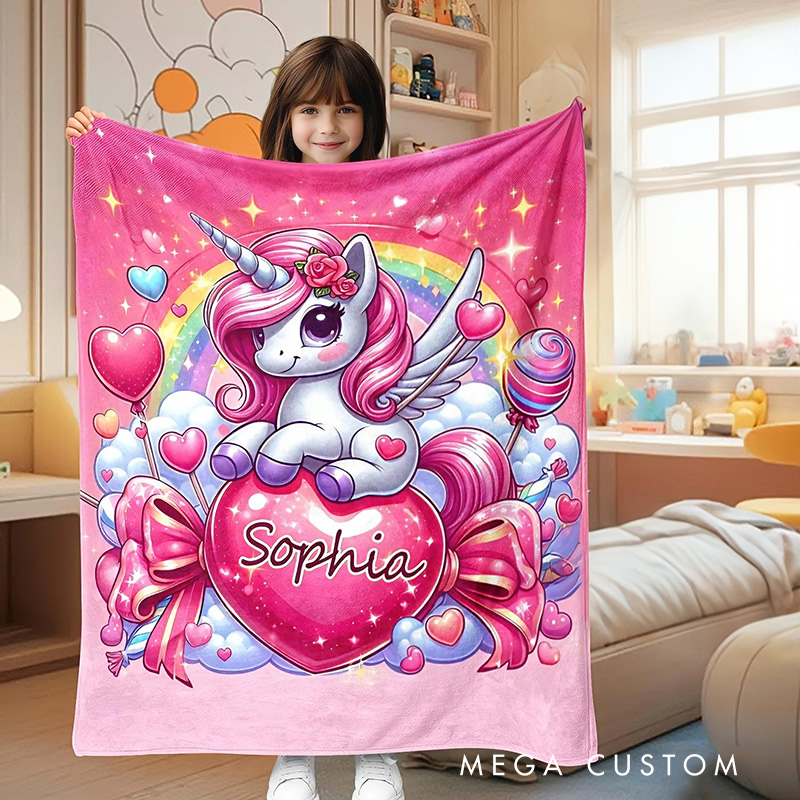Personalized Cute Dream Horse Blanket With Rainbow And Heart For Girls Bedroom Blanket