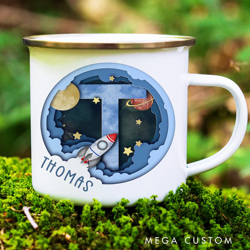 Personalised Alphabet Space Camp Mug Space Themed Boys Gift Enamel Cup Space and Planets Birthday Gift Space Cup