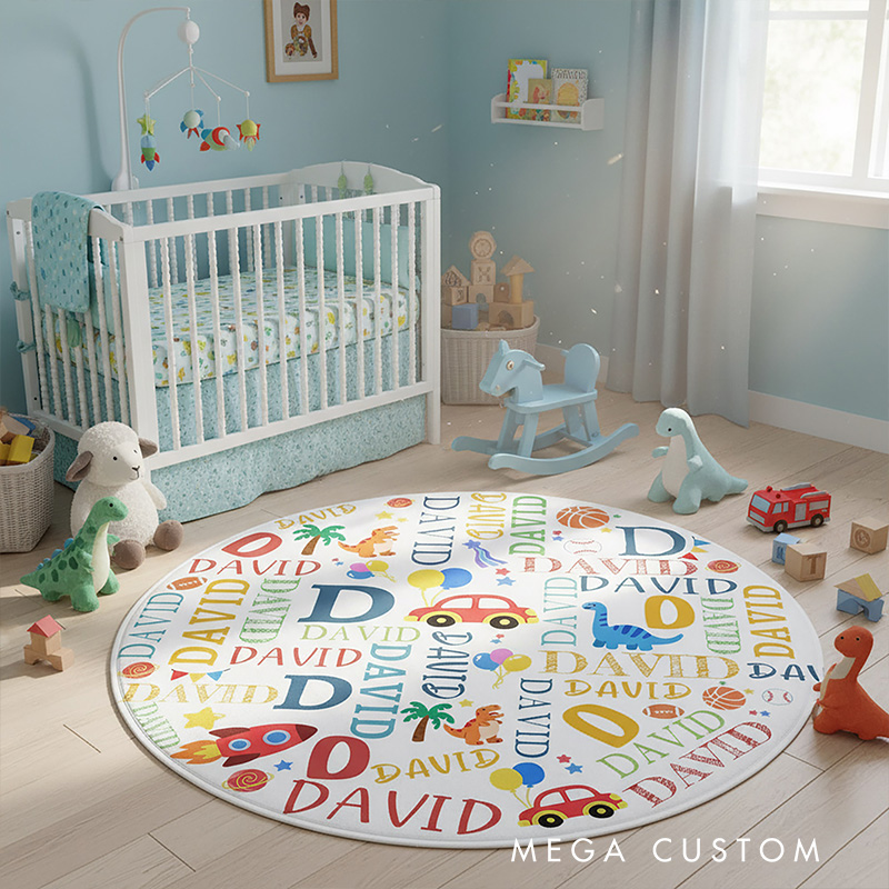 Personalized Colorful Name Round Carpet Rug With Bright Letters For Nursery Room Carpet Rug for Kids