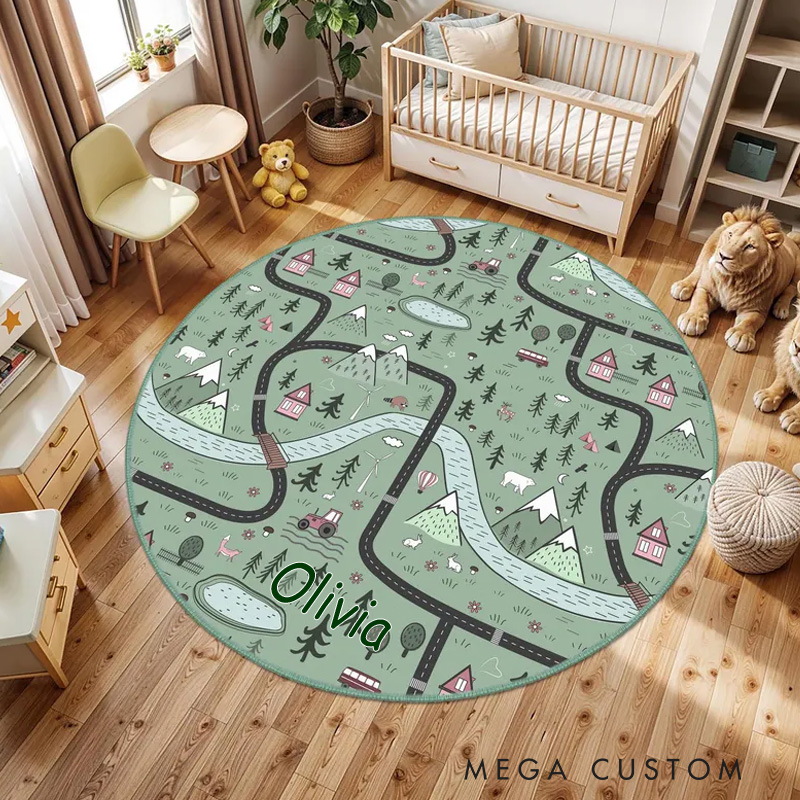 Personalized Mountain Forest Adventure Kids Room Rug Green Woodland Round Kids Rugs Road Child Playroom Mat Outdoor Lovers Gift