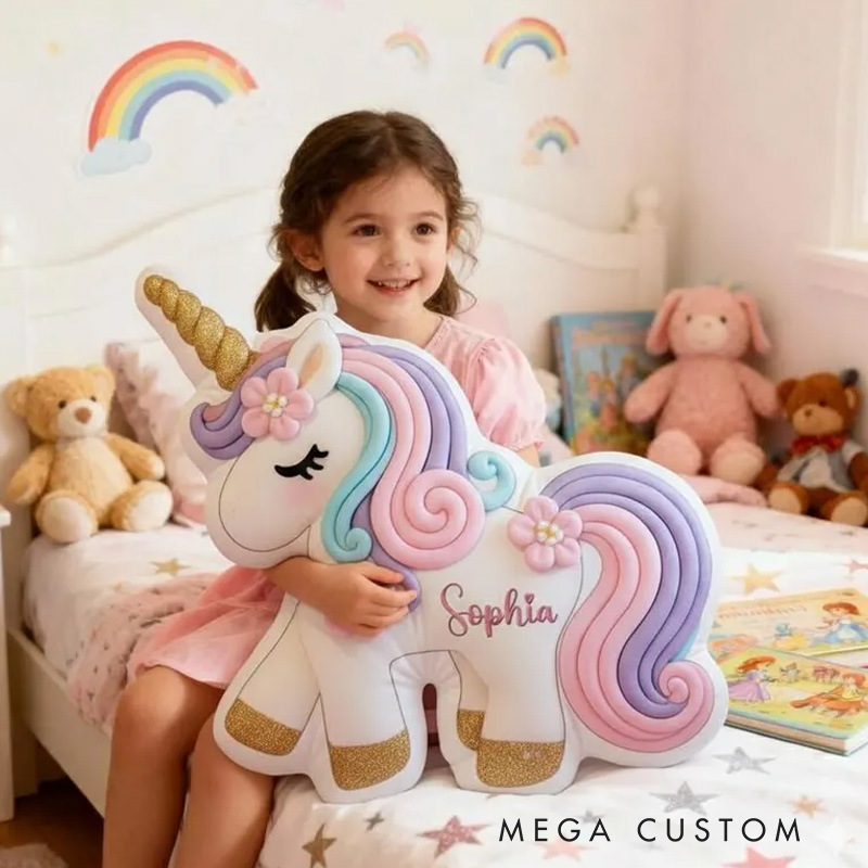 Personalized Cute Dreamy Horse Cushion With Rainbow Mane And Gold Horn For Girls Graphic 3D Print Pillow