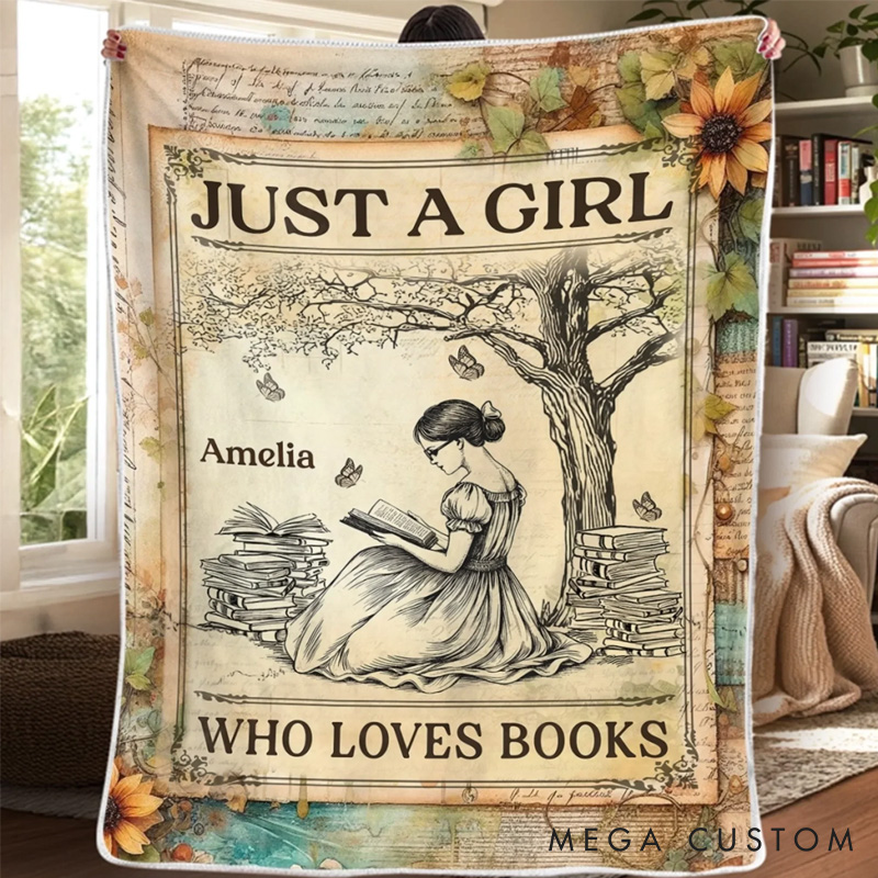 Personalized Just a Girl Who Loves Books Soft Throw Blanket with Name Book Lover Blanket Reader Birthday Gift for Women Girl Bookish Bookworm