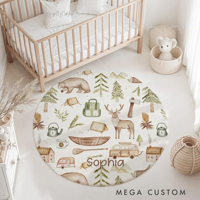 Personalized Woodland Camping Round Rug Kids Playroom Decor Mountain Forest Adventure Kids Room Rug Outdoor Lovers Gift