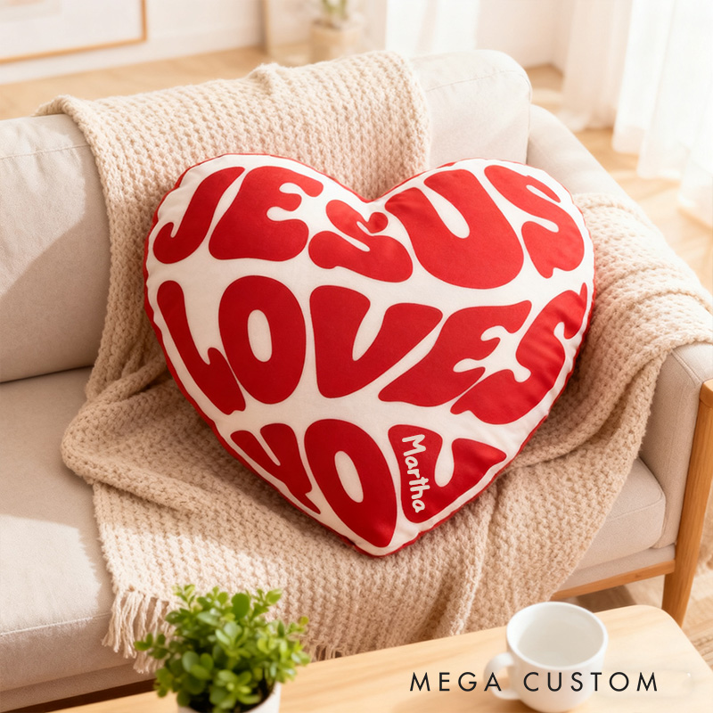 Personalized Jesus Loves You Heart Pillow with Custom Name Religious Home Decor Happy Valentine's Day Gift Graphic 3D Print Pillow