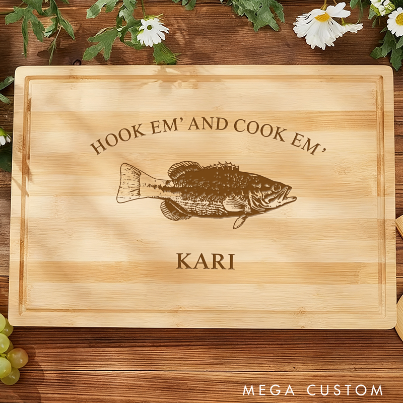 Personalized Bamboo Cutting Board Hook Em and Cook Em Design Custom Name Perfect Gift for Fishing Enthusiasts and Kitchen Lovers