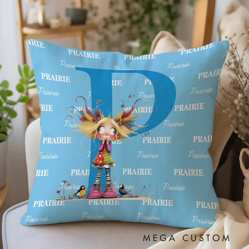 Personalized Multicolor Cute Cartoon Quirky Girl Soft Throw Pillow Cover with Name and Initial Home Decor Birthday Children's Day Gift for Girls