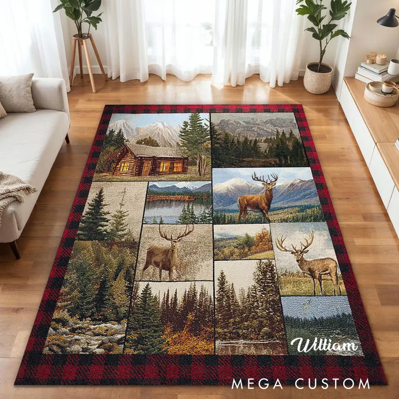 Personalized Deer and Mountain Landscape Rug Rustic Cabin Area Carpet Nature Lodge Home Decor Gift Deer Forest Holiday Home Decor Xmas Decor Rug