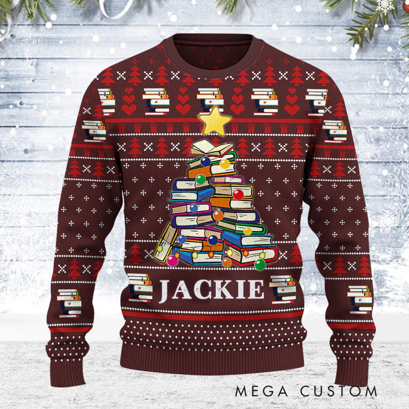 Personalized Book Pine Christmas Ugly Sweater Christmas Gift Ugly Sweater for Book Lovers Reader Bookworm Bookish