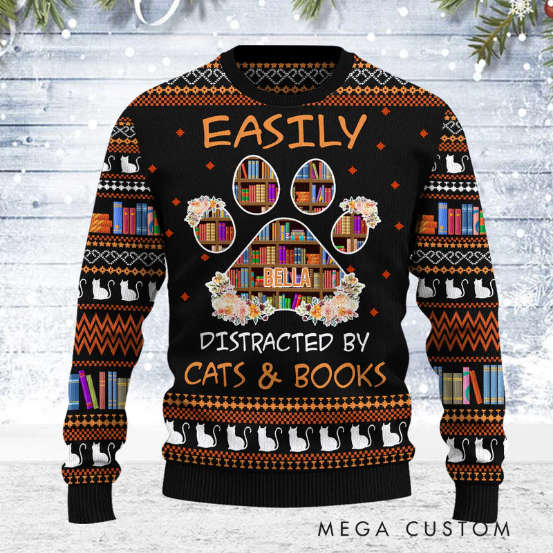 Personalized Easily Distracted by Cats and Books Ugly Sweater Christmas Gift Ugly Sweater for Book Lovers Reader Bookworm Bookish Librarian